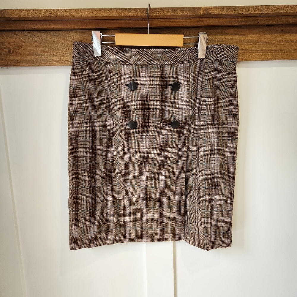 Vintage Apostrophe Pencil Zip Skirt Womens 14 Brown Plaid Stretch Y2K 90s